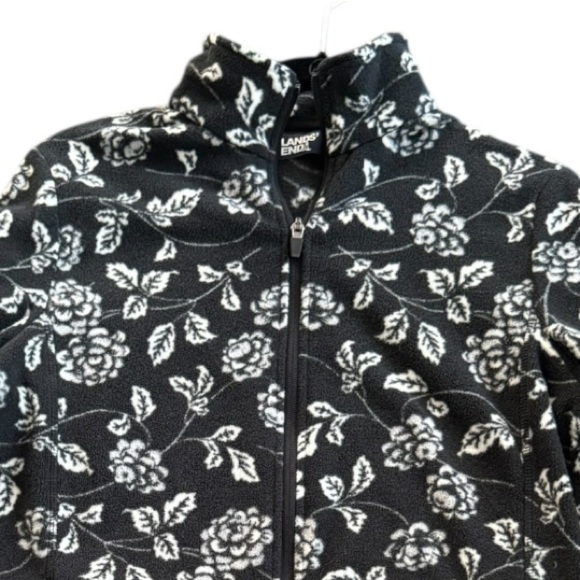 Lands' End Women's Floral Full Zip Fleece Jacket Size Medium Black White Layer - Picture 9 of 15